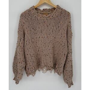 Pol Cropped Beige Sweater Confetti Yarn Boho Grunge Indie Distressed‎ Knit L